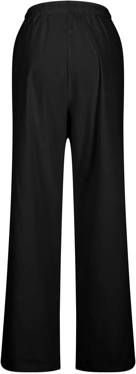Linen Pants Women Drawstring Waist Linen Pants Solid Color Casual Linen Trousers with Pockets Summer Trendy Clothes