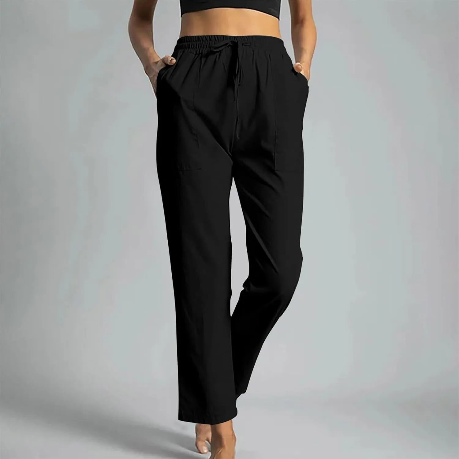 Linen Pants Women Drawstring Waist Linen Pants Solid Color Casual Linen Trousers with Pockets Summer Trendy Clothes