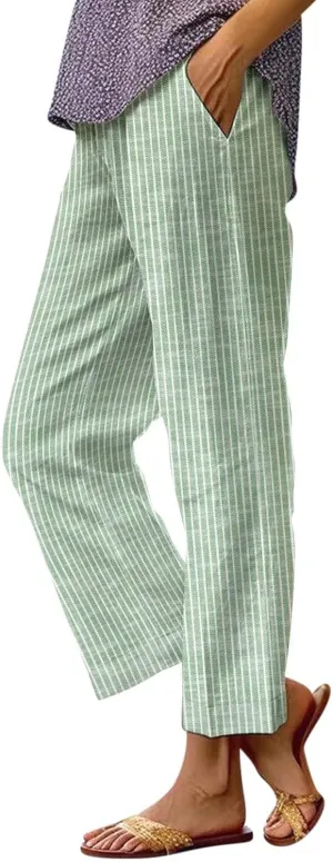 Linen Pants Women Floral Striped Print Elastic Waist Capri Petite Short Capri Summer Casual Dressy Beach Trousers