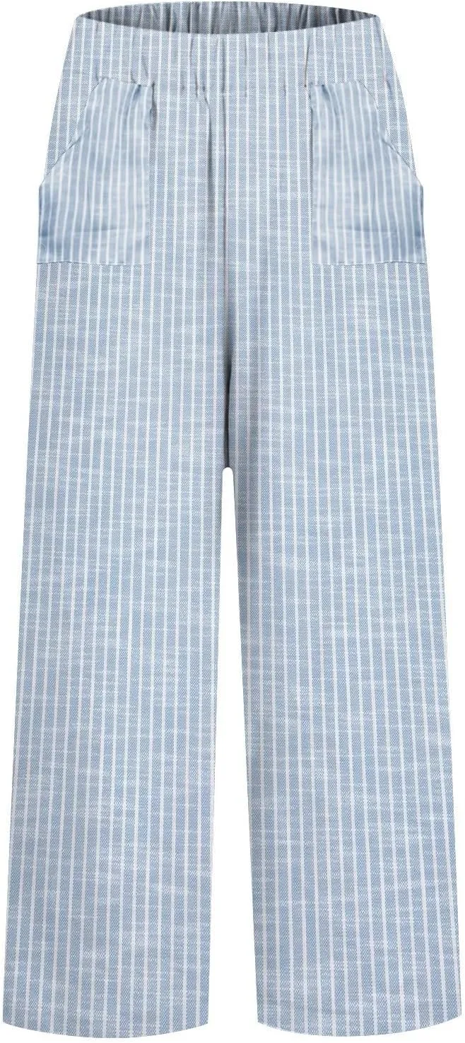 Linen Pants Women Floral Striped Print Elastic Waist Capri Petite Short Capri Summer Casual Dressy Beach Trousers