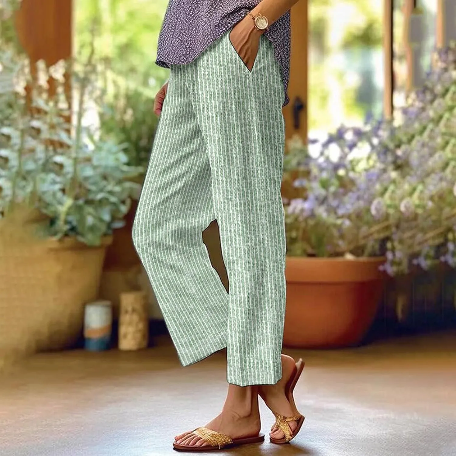 Linen Pants Women Floral Striped Print Elastic Waist Capri Petite Short Capri Summer Casual Dressy Beach Trousers