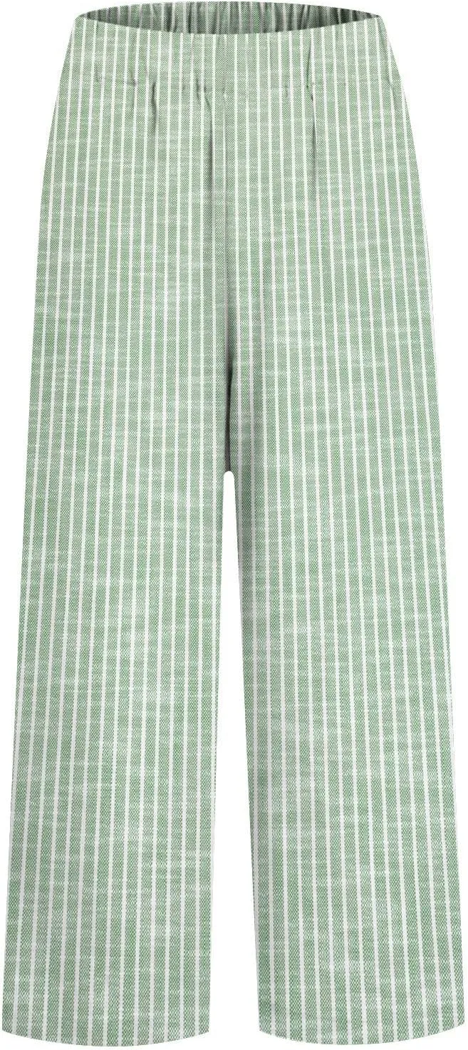Linen Pants Women Floral Striped Print Elastic Waist Capri Petite Short Capri Summer Casual Dressy Beach Trousers