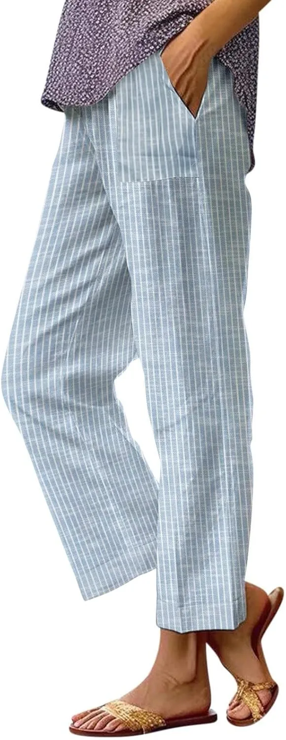 Linen Pants Women Floral Striped Print Elastic Waist Capri Petite Short Capri Summer Casual Dressy Beach Trousers