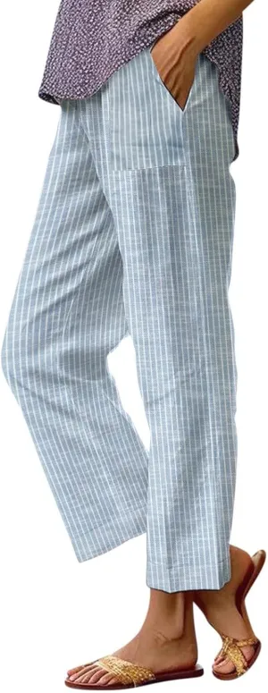 Linen Pants Women Floral Striped Print Elastic Waist Capri Petite Short Capri Summer Casual Dressy Beach Trousers