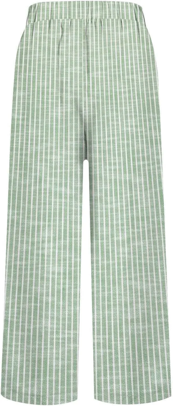 Linen Pants Women Floral Striped Print Elastic Waist Capri Petite Short Capri Summer Casual Dressy Beach Trousers
