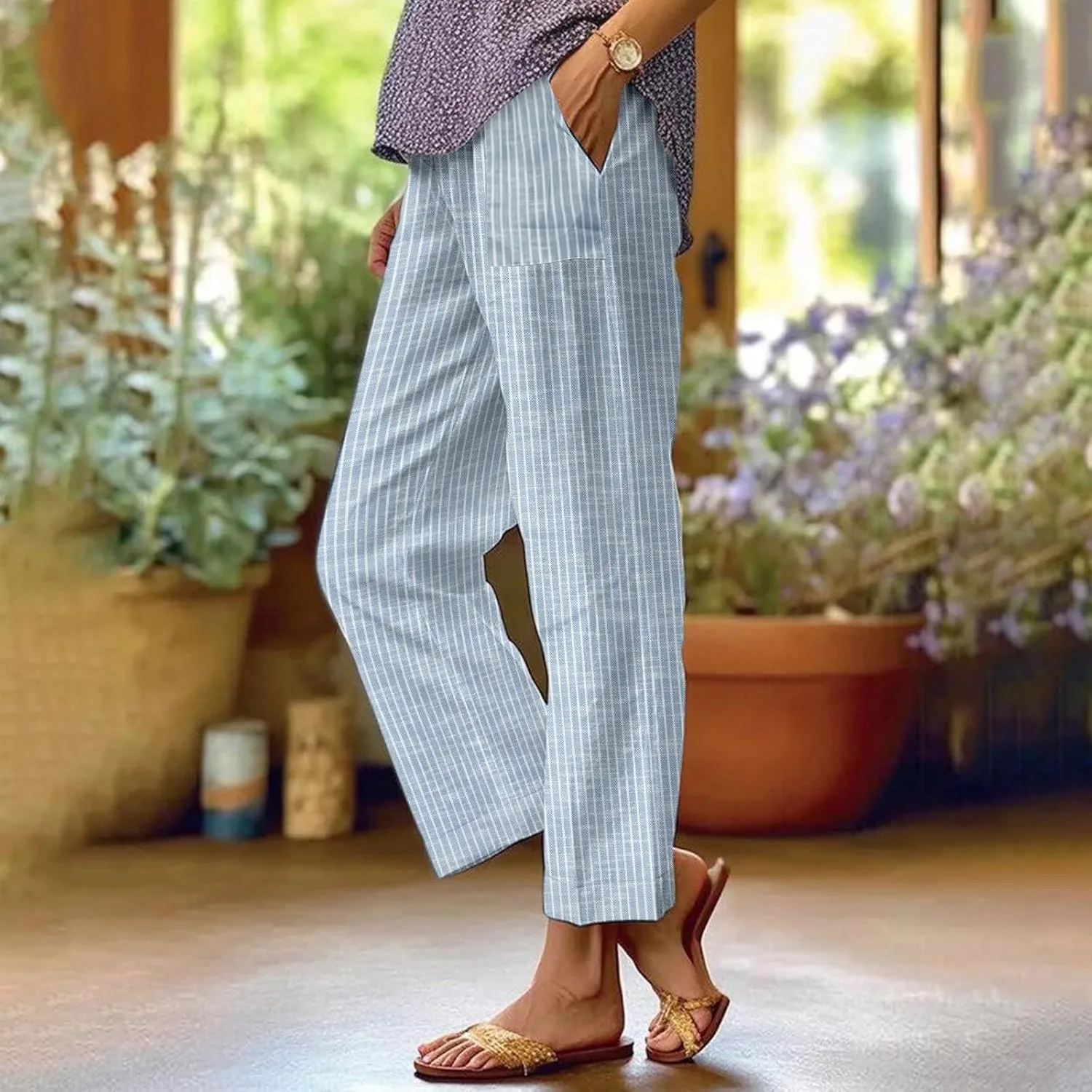 Linen Pants Women Floral Striped Print Elastic Waist Capri Petite Short Capri Summer Casual Dressy Beach Trousers