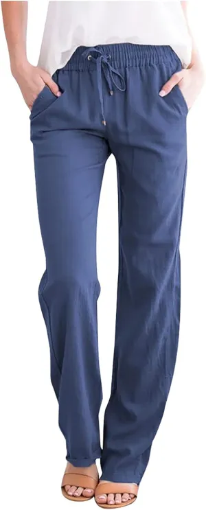 Linen Pants Women High Waist Casual Linen Pants Drawstring Straight Leg Lounge Trousers Pockets Vacation Beach Pants