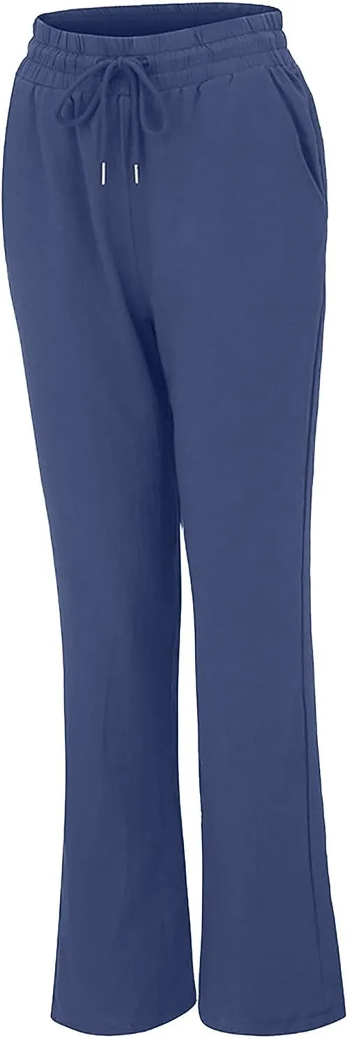 Linen Pants Women High Waist Casual Linen Pants Drawstring Straight Leg Lounge Trousers Pockets Vacation Beach Pants