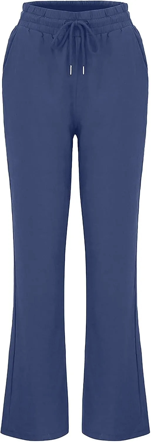 Linen Pants Women High Waist Casual Linen Pants Drawstring Straight Leg Lounge Trousers Pockets Vacation Beach Pants
