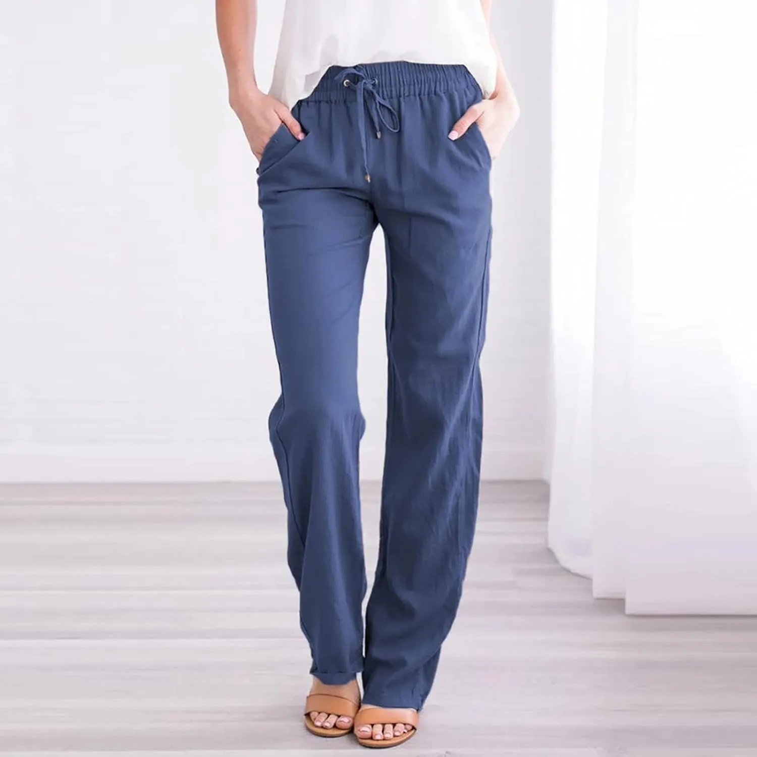 Linen Pants Women High Waist Casual Linen Pants Drawstring Straight Leg Lounge Trousers Pockets Vacation Beach Pants
