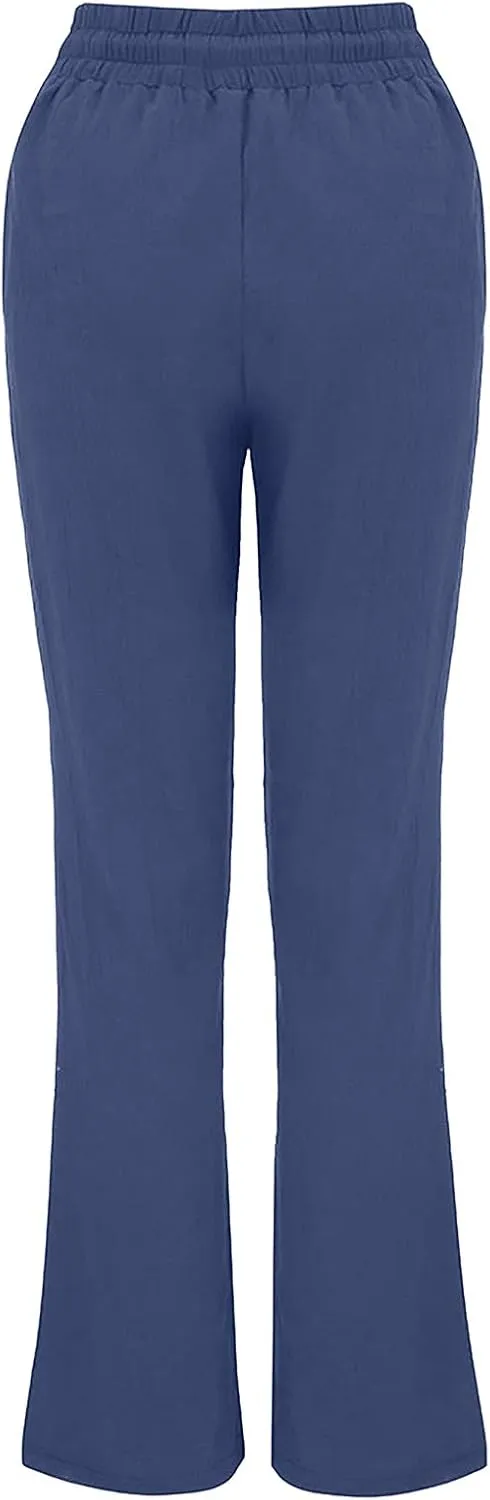 Linen Pants Women High Waist Casual Linen Pants Drawstring Straight Leg Lounge Trousers Pockets Vacation Beach Pants