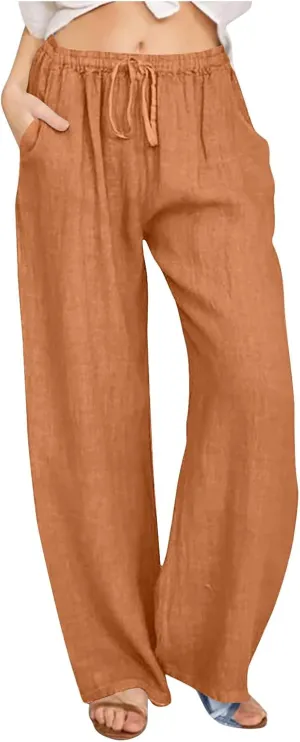 Linen Pants Women Loose Lounge Pants Drawstring High Waist Sweatpants Trousers with Pockets Soft Comfy Linen Pants