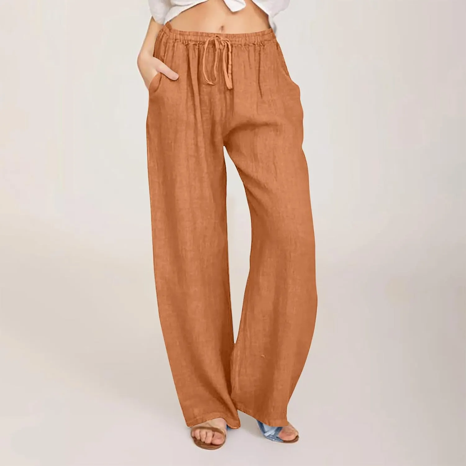 Linen Pants Women Loose Lounge Pants Drawstring High Waist Sweatpants Trousers with Pockets Soft Comfy Linen Pants