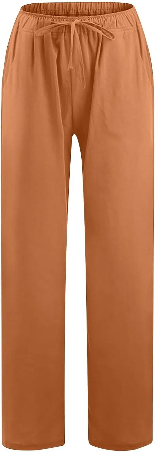Linen Pants Women Loose Lounge Pants Drawstring High Waist Sweatpants Trousers with Pockets Soft Comfy Linen Pants