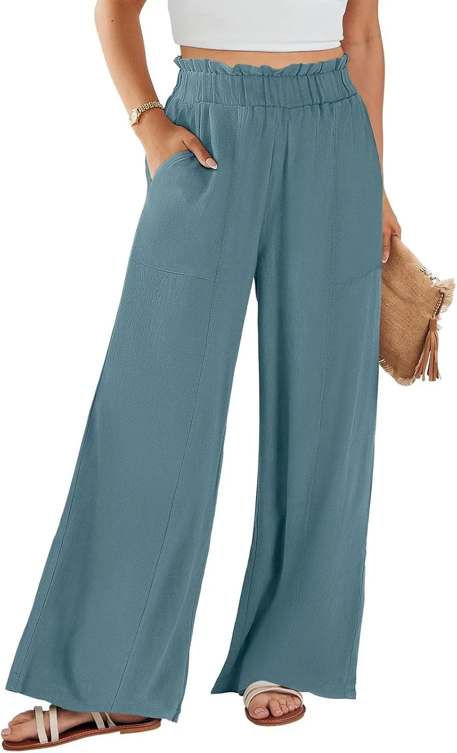 Linen Pants Women Summer Casual Baggy Wide Leg Beach Pants Elastic High Waisted Pull on Vacation Pants with Pockets
