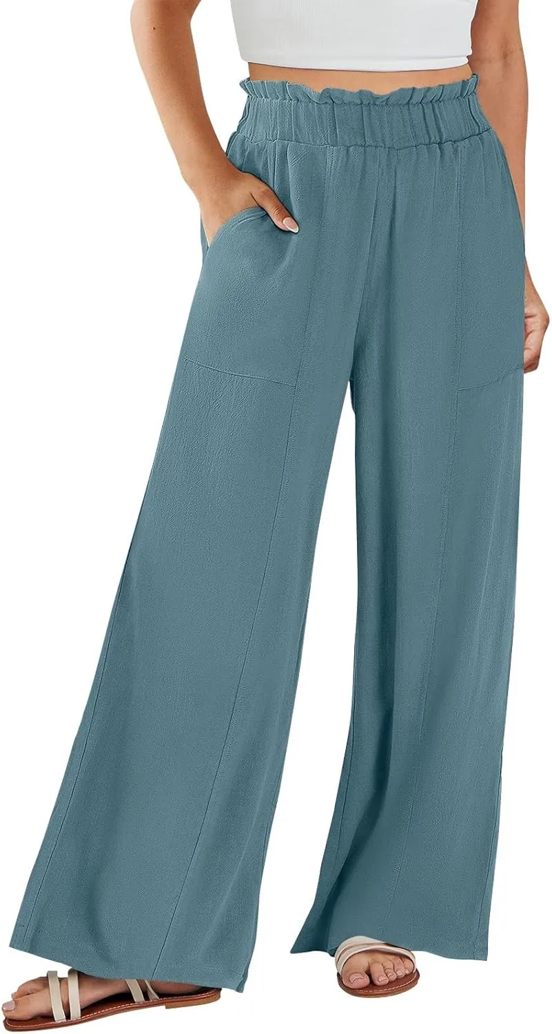 Linen Pants Women Summer Casual Baggy Wide Leg Beach Pants Elastic High Waisted Pull on Vacation Pants with Pockets