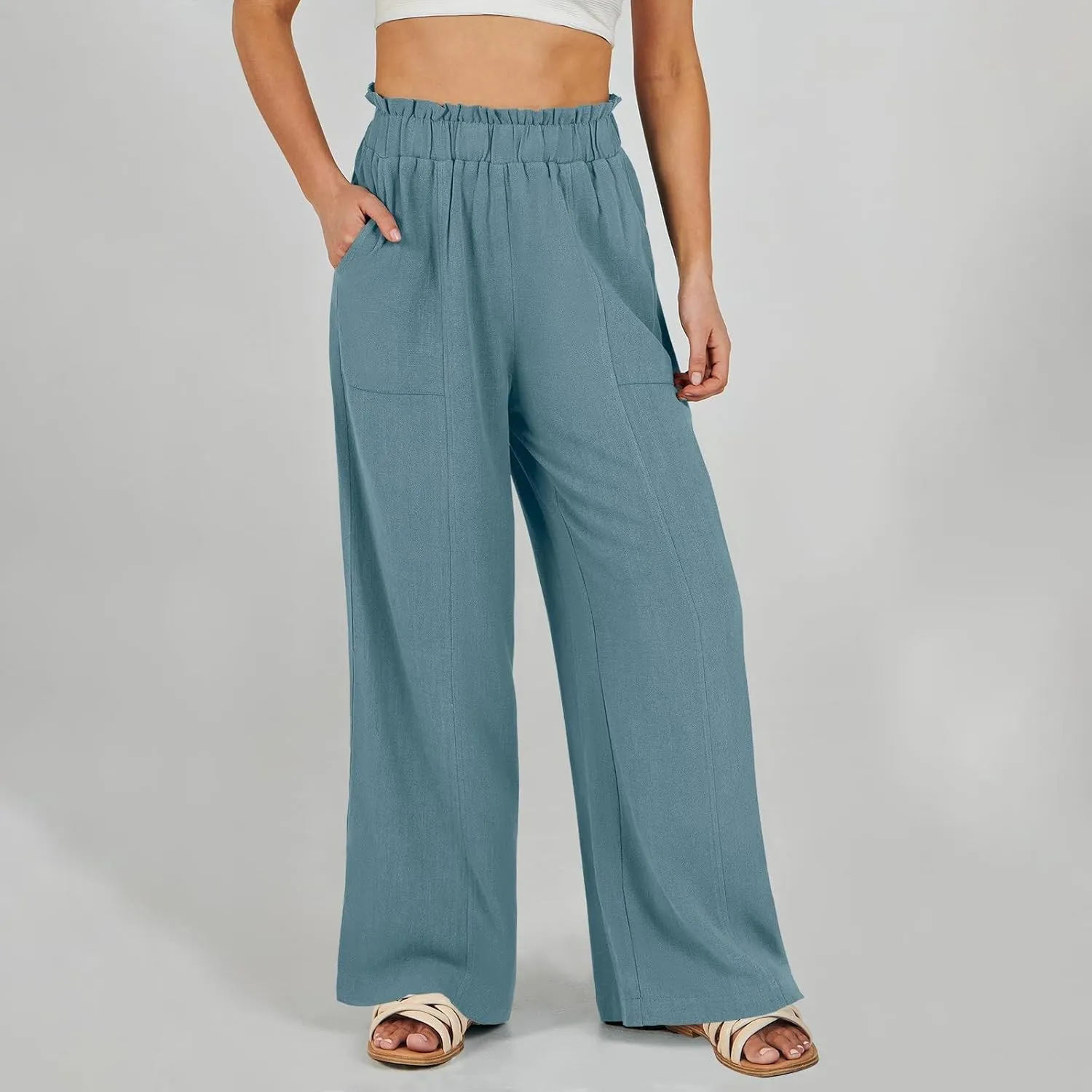 Linen Pants Women Summer Casual Baggy Wide Leg Beach Pants Elastic High Waisted Pull on Vacation Pants with Pockets