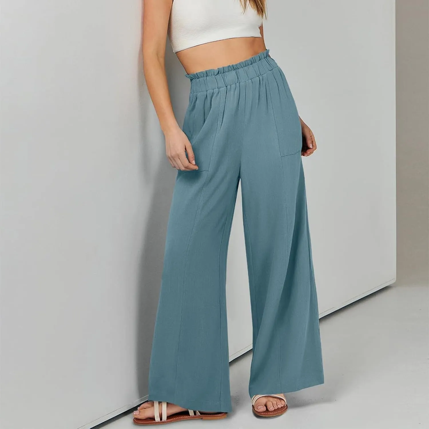 Linen Pants Women Summer Casual Baggy Wide Leg Beach Pants Elastic High Waisted Pull on Vacation Pants with Pockets