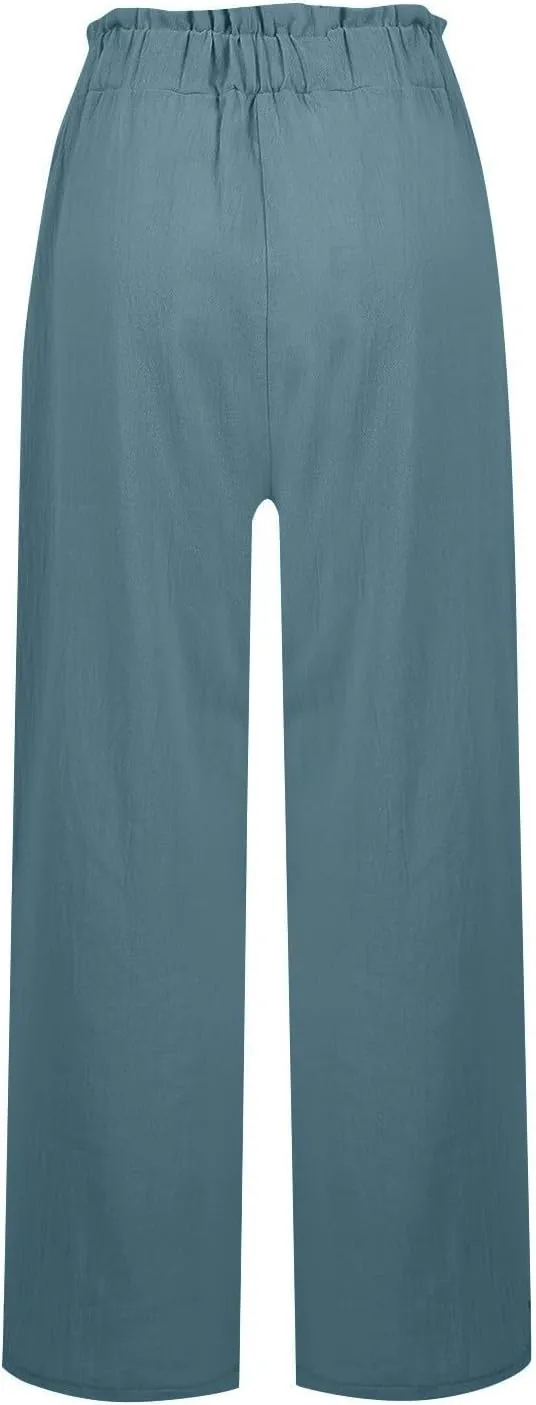 Linen Pants Women Summer Casual Baggy Wide Leg Beach Pants Elastic High Waisted Pull on Vacation Pants with Pockets