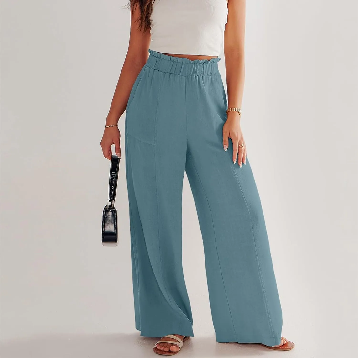 Linen Pants Women Summer Casual Baggy Wide Leg Beach Pants Elastic High Waisted Pull on Vacation Pants with Pockets