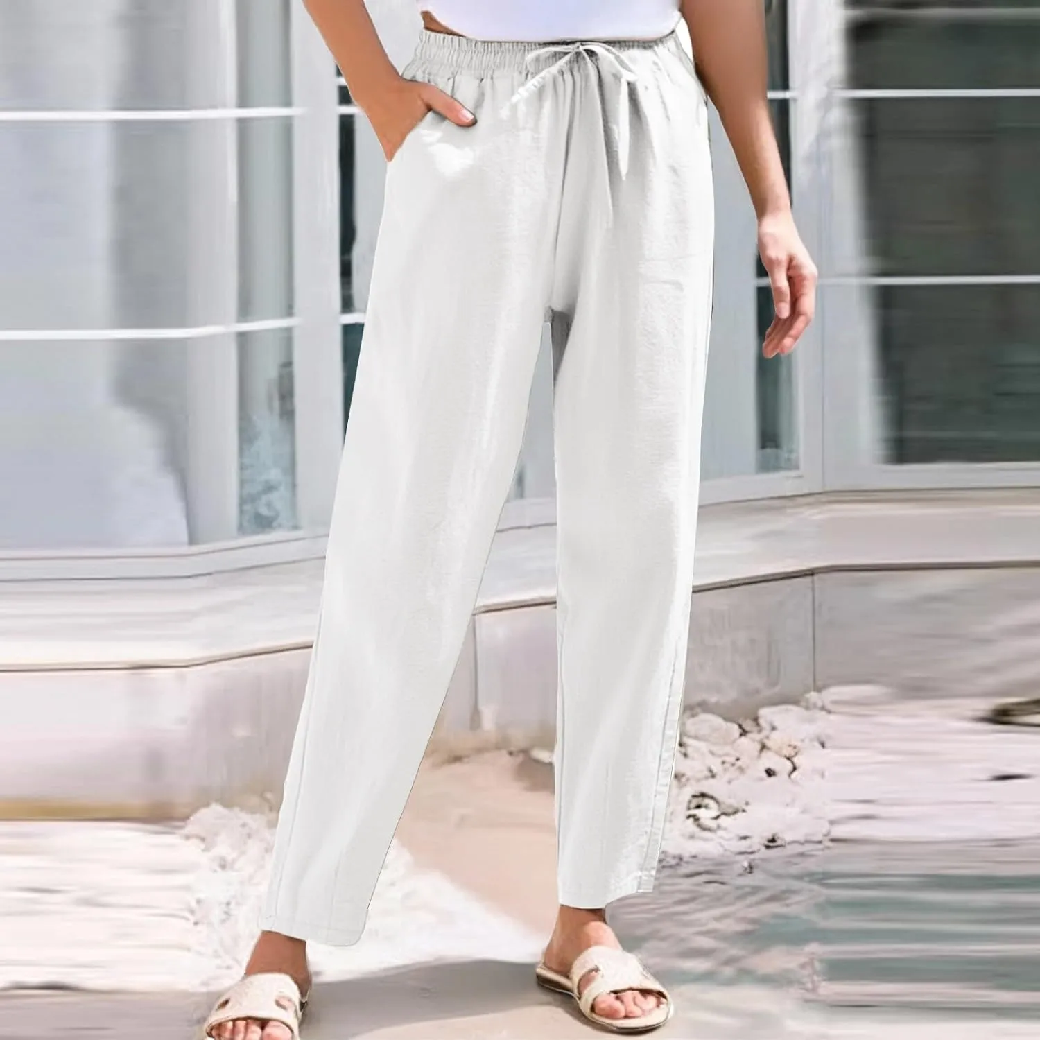 Linen Pants Women Summer Casual High Waisted Straight Leg Beach Pants Drawstring Pants Trousers with Pockets
