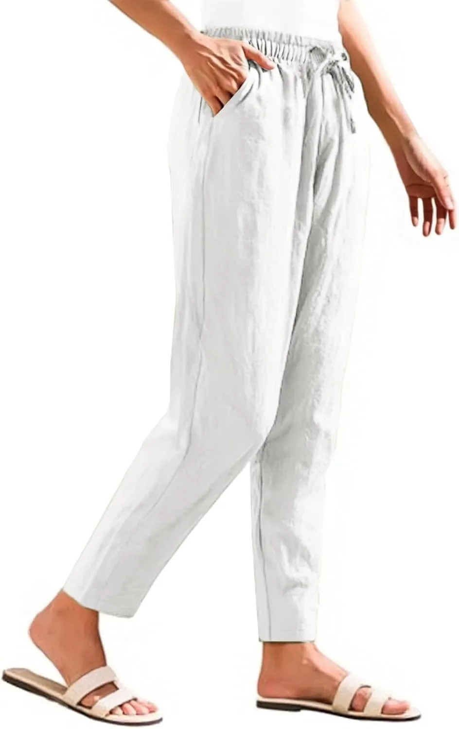 Linen Pants Women Summer Casual High Waisted Straight Leg Beach Pants Drawstring Pants Trousers with Pockets