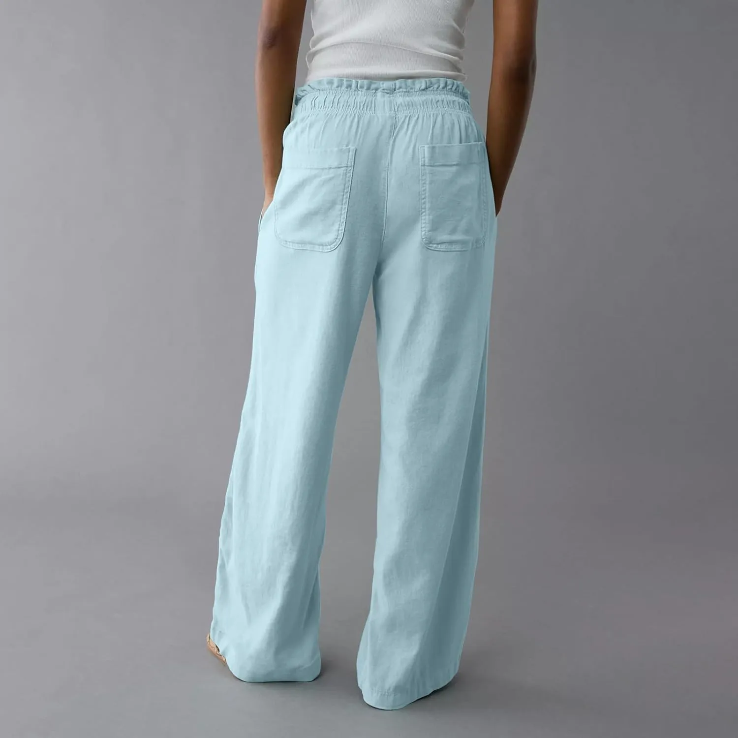 Linen Pants Women Summer Drawstring Elastic Waist Pants Straight Leg Comfy Flowy Cotton Linen Beach Palazzo Trousers