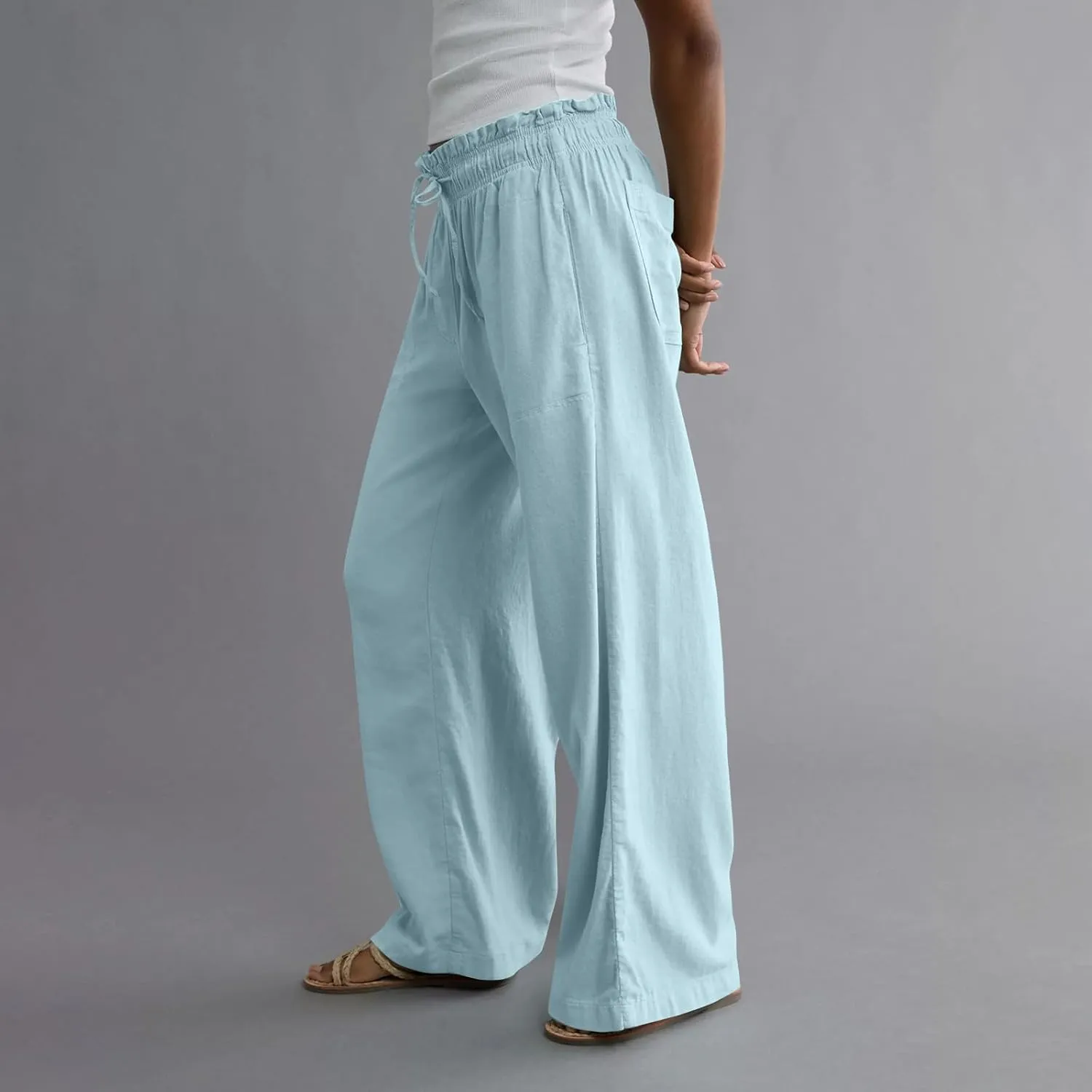 Linen Pants Women Summer Drawstring Elastic Waist Pants Straight Leg Comfy Flowy Cotton Linen Beach Palazzo Trousers