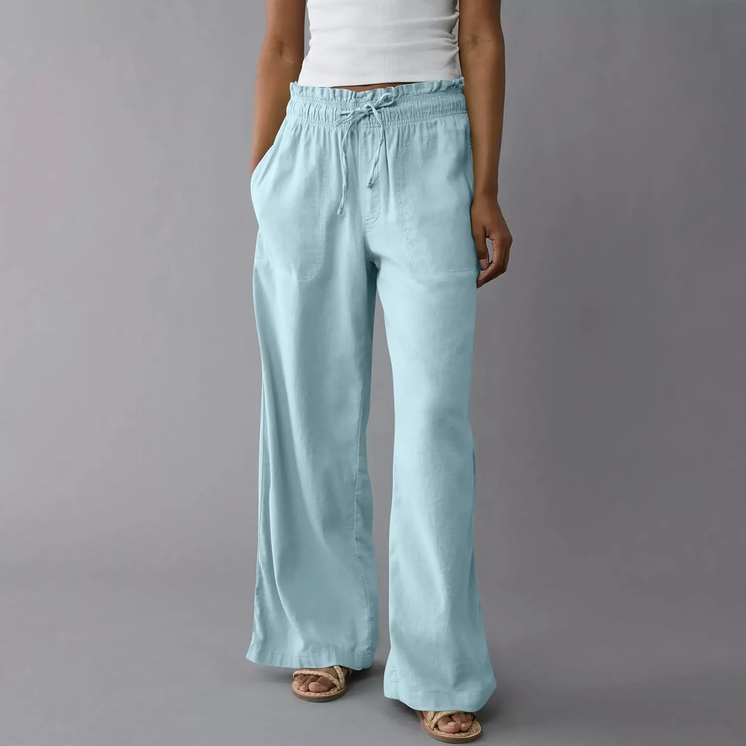 Linen Pants Women Summer Drawstring Elastic Waist Pants Straight Leg Comfy Flowy Cotton Linen Beach Palazzo Trousers