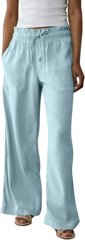 Linen Pants Women Summer Drawstring Elastic Waist Pants Straight Leg Comfy Flowy Cotton Linen Beach Palazzo Trousers