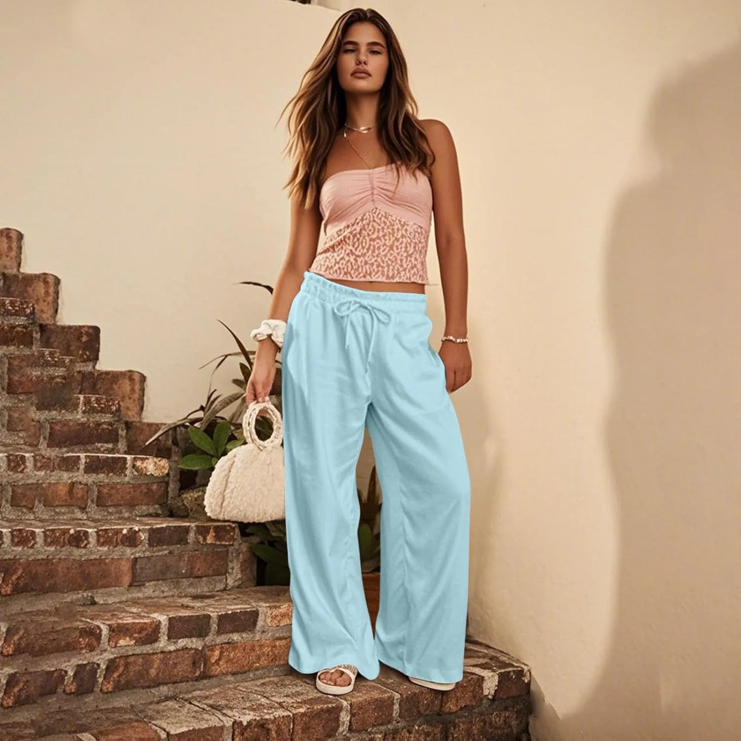 Linen Pants Women Summer Drawstring Elastic Waist Pants Straight Leg Comfy Flowy Cotton Linen Beach Palazzo Trousers