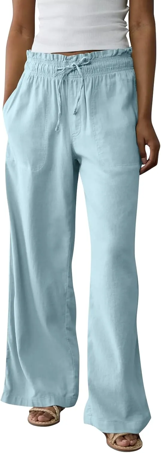 Linen Pants Women Summer Drawstring Elastic Waist Pants Straight Leg Comfy Flowy Cotton Linen Beach Palazzo Trousers