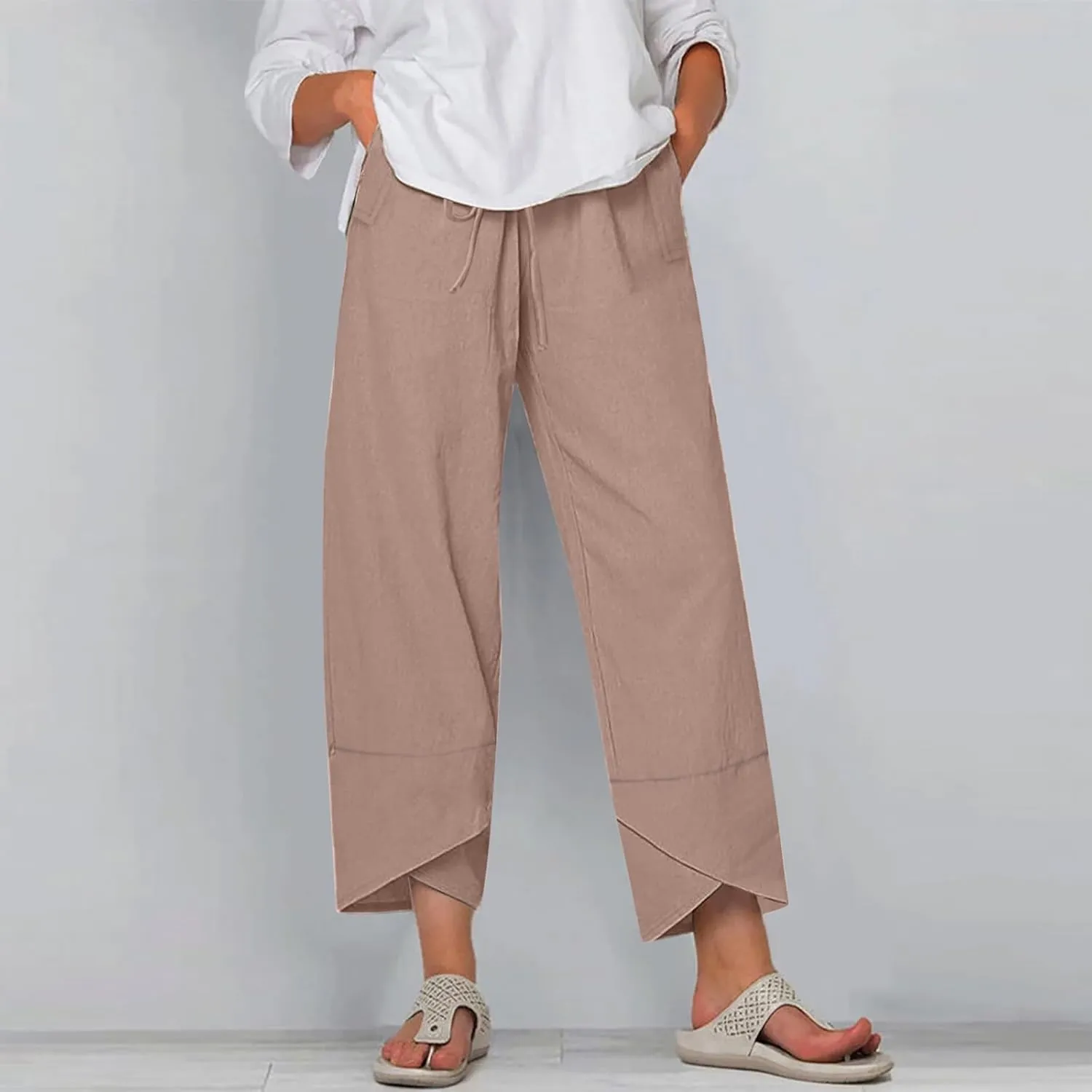 Linen Pants Women Summer Loose Fit Beach Palazzo Casual Plain Wide Leg Trousers Elastic Waist Beach Lounge Pants
