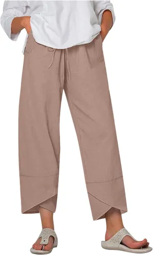 Linen Pants Women Summer Loose Fit Beach Palazzo Casual Plain Wide Leg Trousers Elastic Waist Beach Lounge Pants