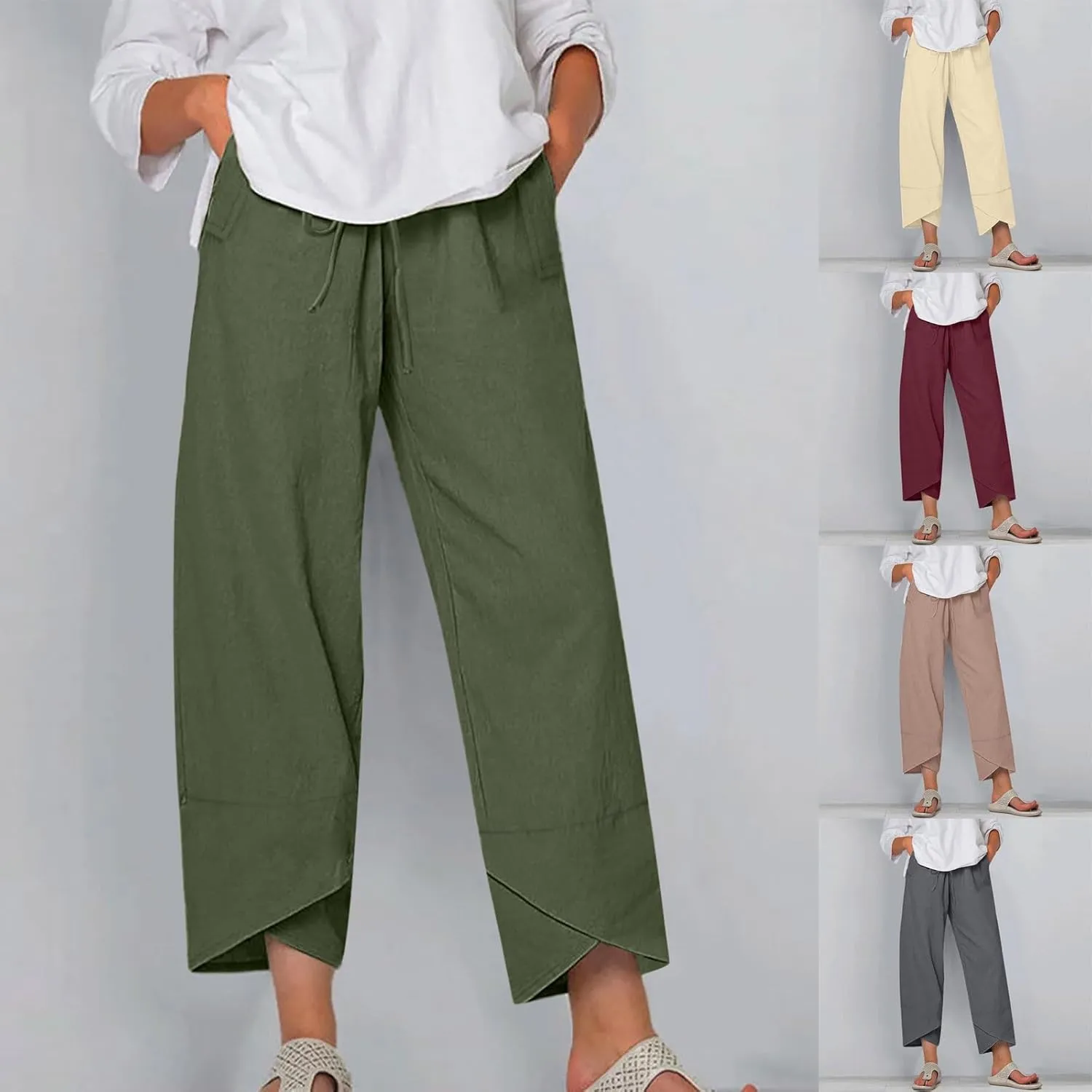 Linen Pants Women Summer Loose Fit Beach Palazzo Casual Plain Wide Leg Trousers Elastic Waist Beach Lounge Pants