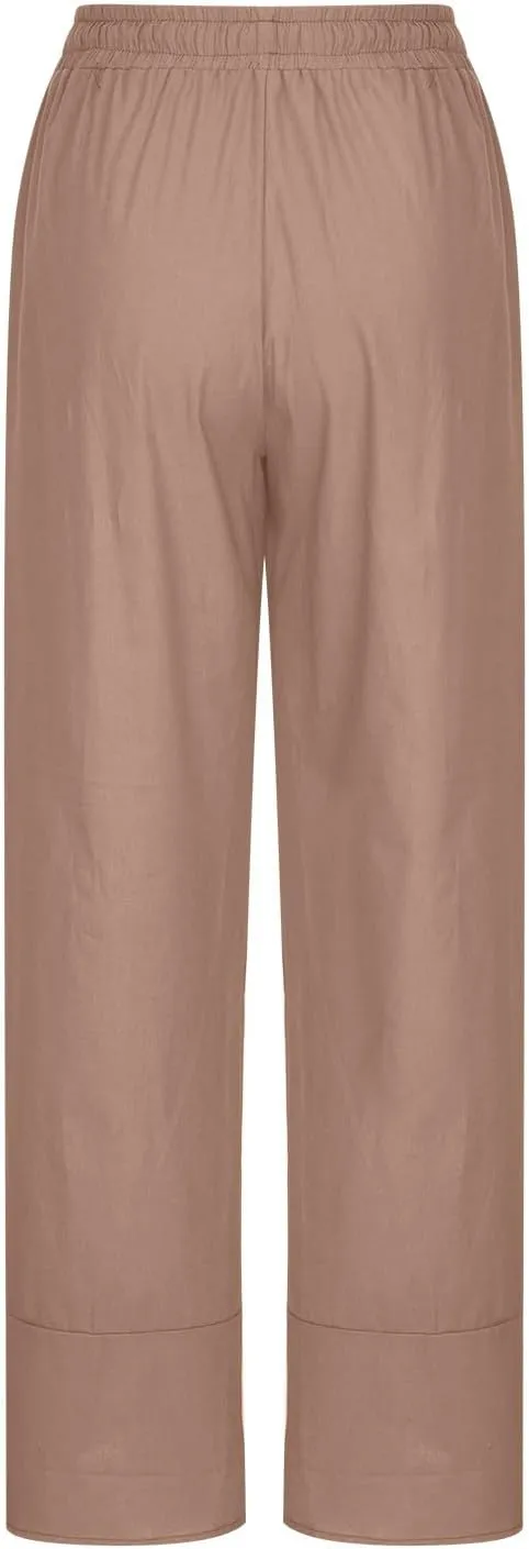 Linen Pants Women Summer Loose Fit Beach Palazzo Casual Plain Wide Leg Trousers Elastic Waist Beach Lounge Pants