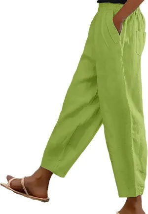 Linen Pants Women Summer Wide Leg Pant Drawstring Elastic Waist Pants High Waisted Lounge Beach Trousers with Pocket
