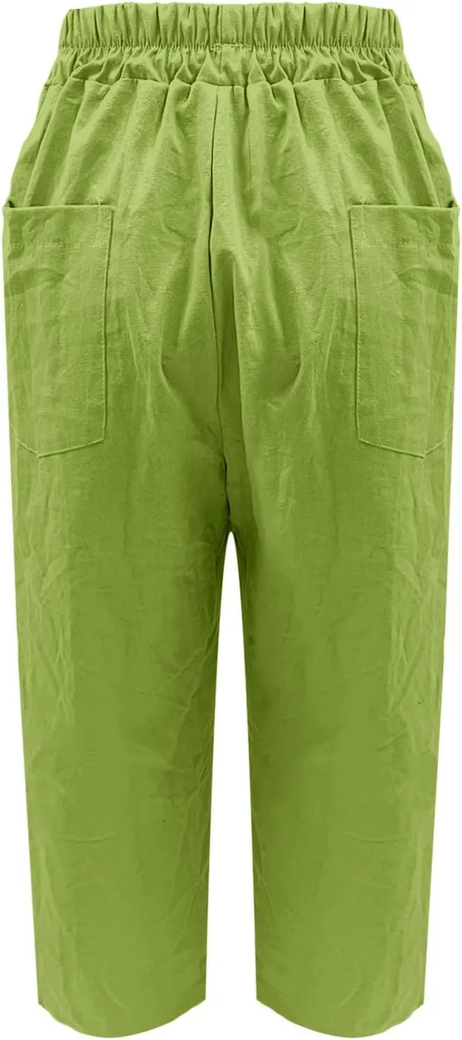 Linen Pants Women Summer Wide Leg Pant Drawstring Elastic Waist Pants High Waisted Lounge Beach Trousers with Pocket