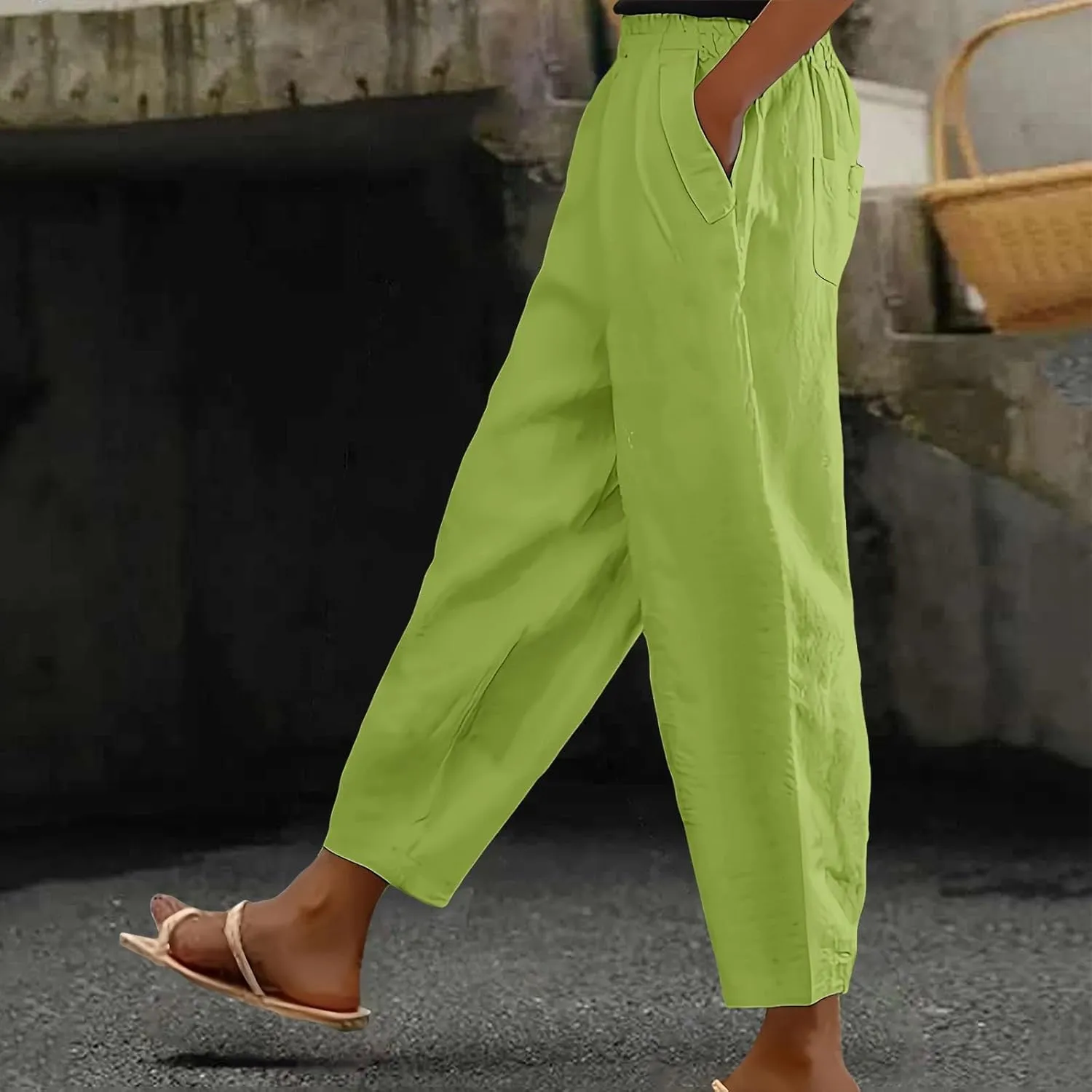 Linen Pants Women Summer Wide Leg Pant Drawstring Elastic Waist Pants High Waisted Lounge Beach Trousers with Pocket