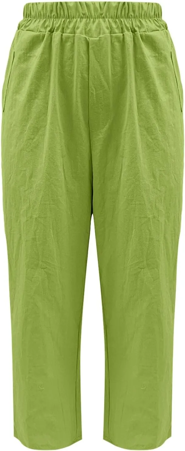 Linen Pants Women Summer Wide Leg Pant Drawstring Elastic Waist Pants High Waisted Lounge Beach Trousers with Pocket