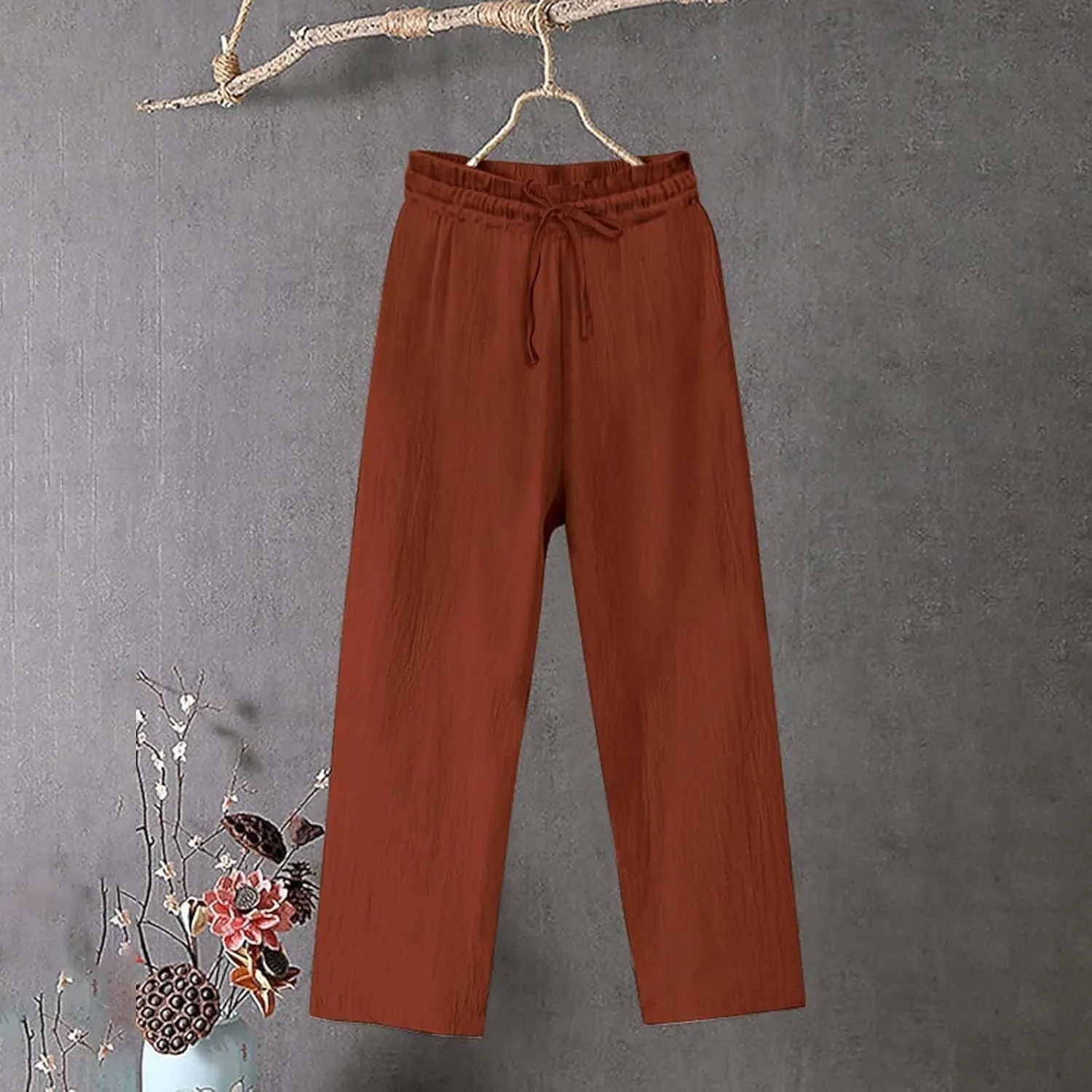 Linen Pants Women Tall Elastic High Waisted Pants for Women Cotton Womens Sweatpants with Pockets Straight Wide Leg