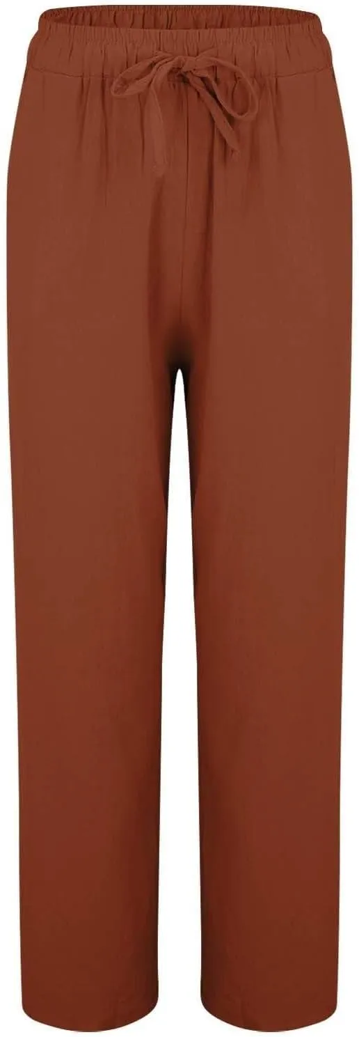 Linen Pants Women Tall Elastic High Waisted Pants for Women Cotton Womens Sweatpants with Pockets Straight Wide Leg