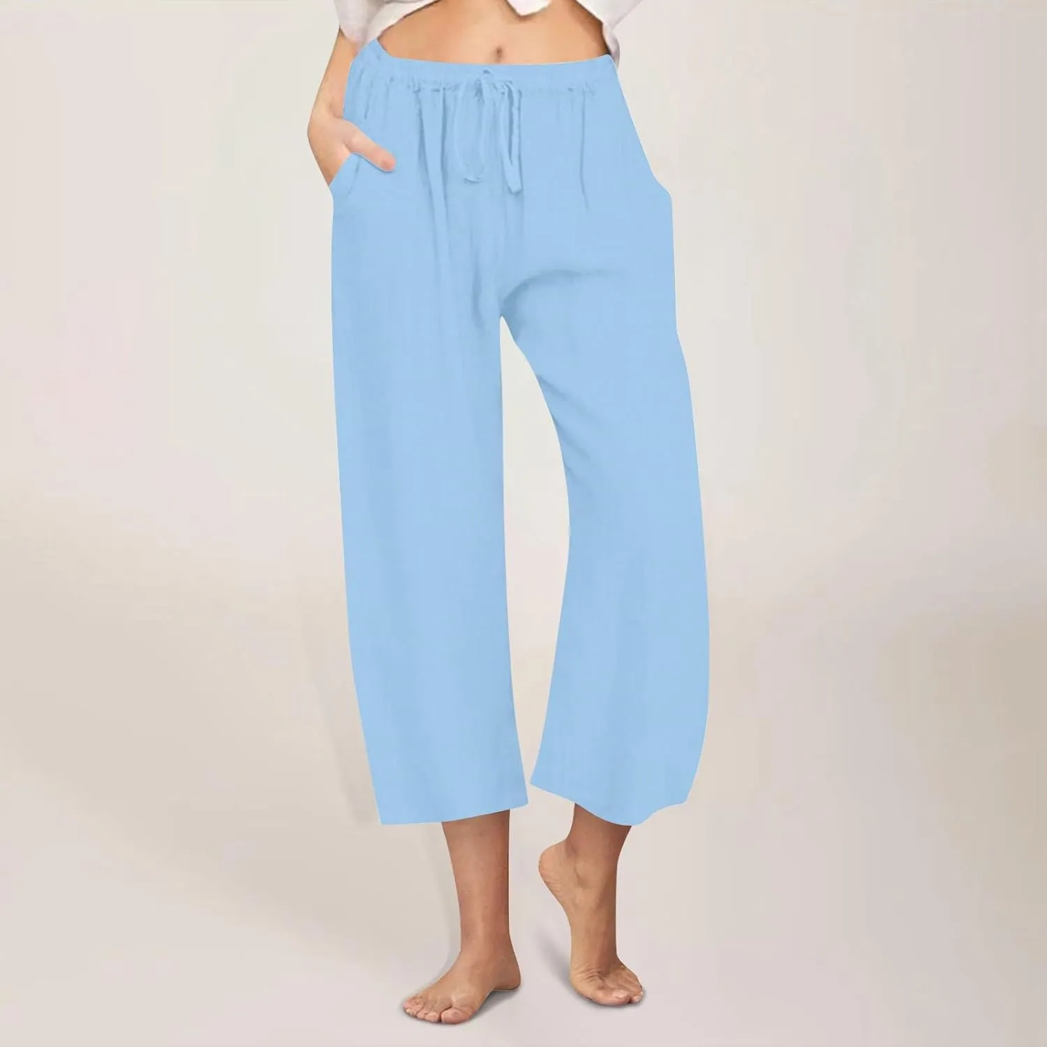 Linen Pants Women Wide Leg Crop Lounge Trousers Elastic Waist Drawstring Loose Capri Slacks Summer Beach Pants