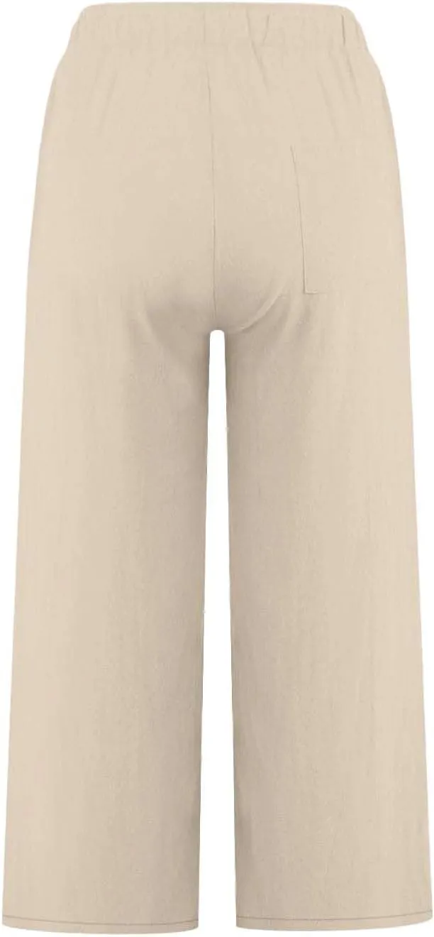 Linen Pants Women Wide Leg Crop Lounge Trousers Elastic Waist Drawstring Loose Capri Slacks Summer Beach Pants