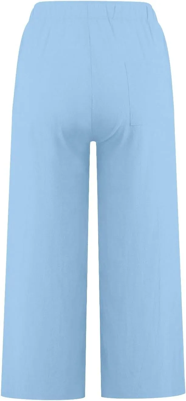 Linen Pants Women Wide Leg Crop Lounge Trousers Elastic Waist Drawstring Loose Capri Slacks Summer Beach Pants