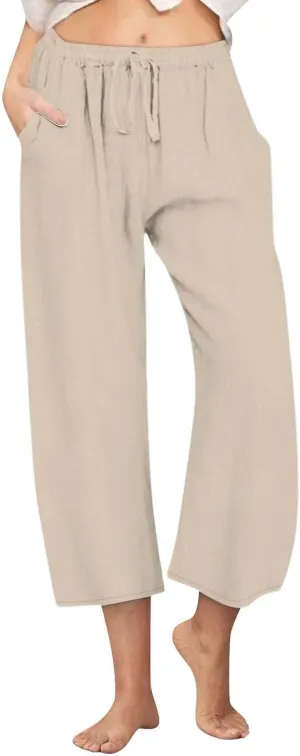 Linen Pants Women Wide Leg Crop Lounge Trousers Elastic Waist Drawstring Loose Capri Slacks Summer Beach Pants