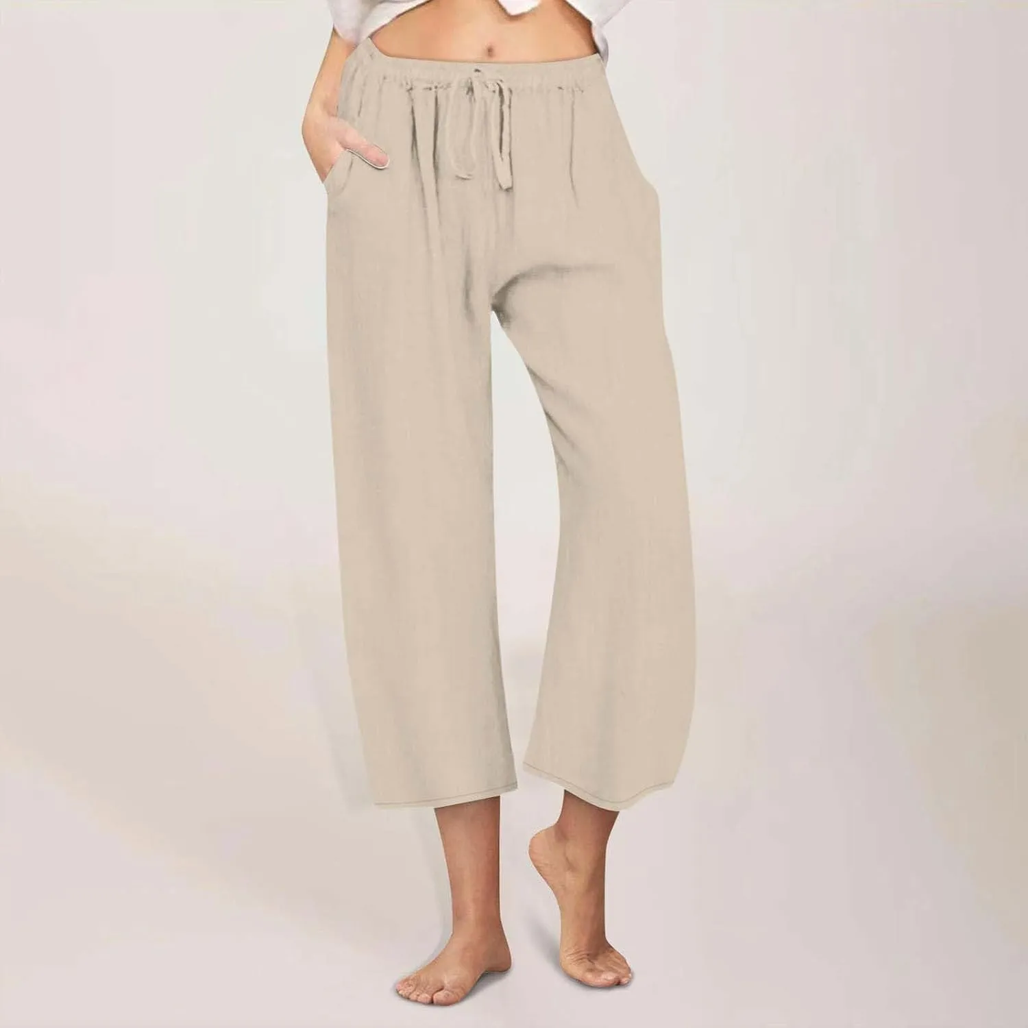 Linen Pants Women Wide Leg Crop Lounge Trousers Elastic Waist Drawstring Loose Capri Slacks Summer Beach Pants