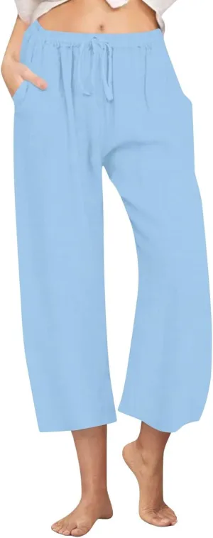 Linen Pants Women Wide Leg Crop Lounge Trousers Elastic Waist Drawstring Loose Capri Slacks Summer Beach Pants