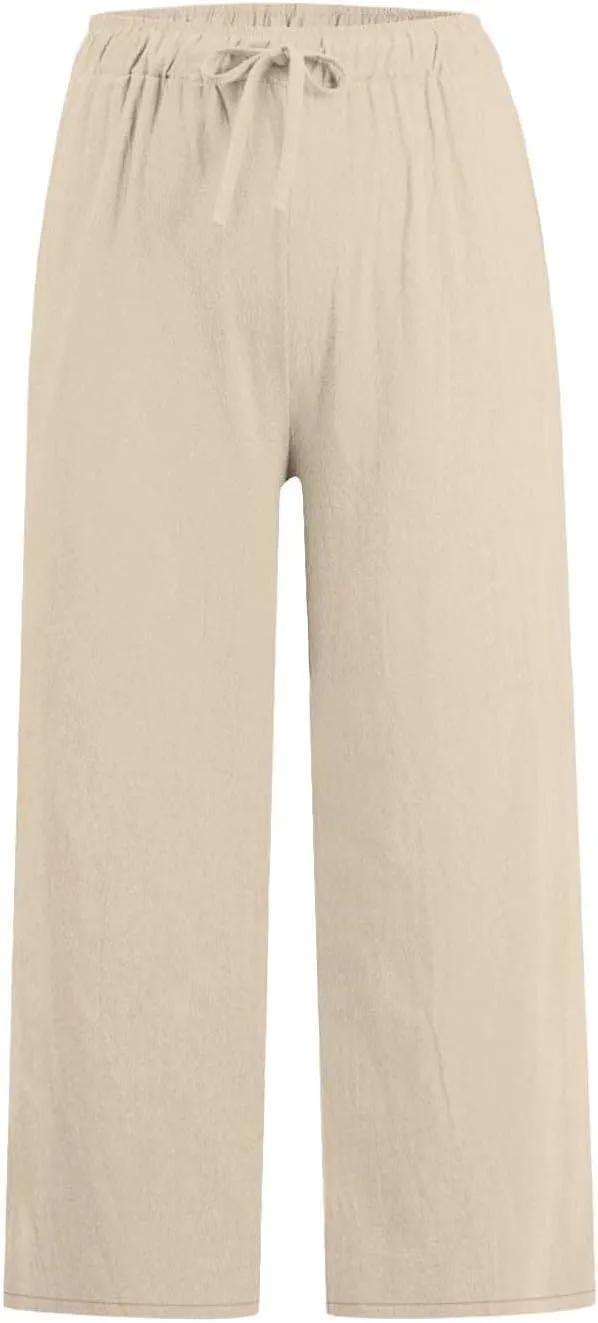 Linen Pants Women Wide Leg Crop Lounge Trousers Elastic Waist Drawstring Loose Capri Slacks Summer Beach Pants