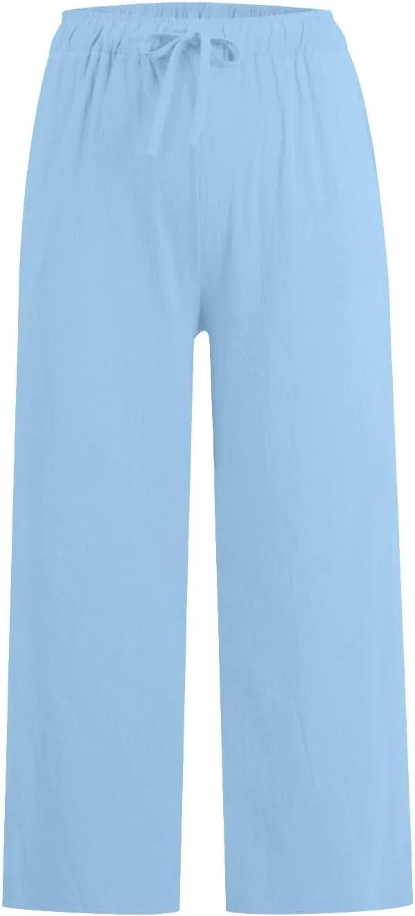 Linen Pants Women Wide Leg Crop Lounge Trousers Elastic Waist Drawstring Loose Capri Slacks Summer Beach Pants